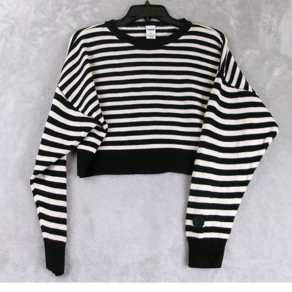 Victoria's Secret PINK Black White Striped Cropped Knit Sweater Size M